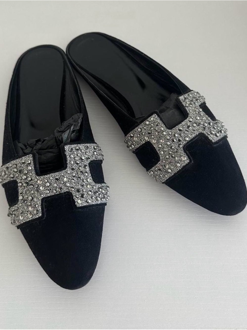 Hermes Black Crystal H-Embellished Pointed Toe Mules